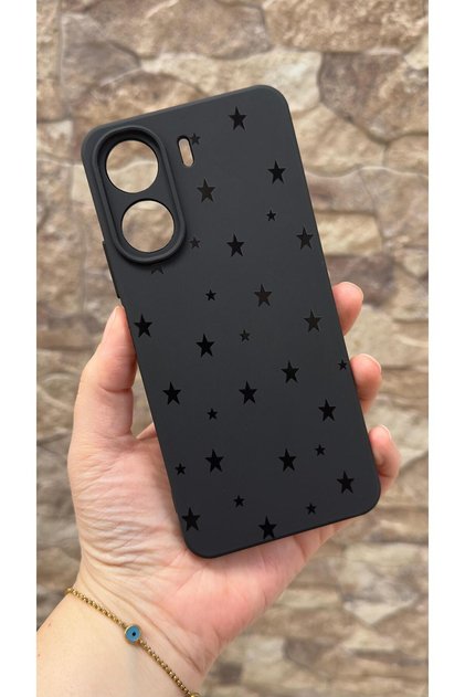 Redmi 13C Compatible Mini Black Star Patterned Silicone Shock Absorbing Camera Protected Soft Rubber Case