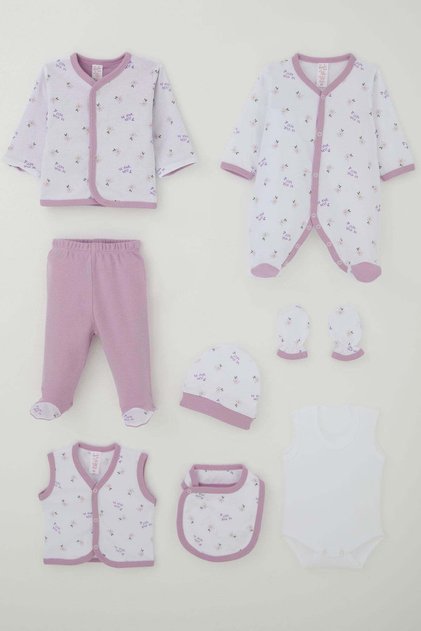 Baby Girl Hospital Release Set, 8 Pieces, Floral & Text Patterned, 0-3 Months, White