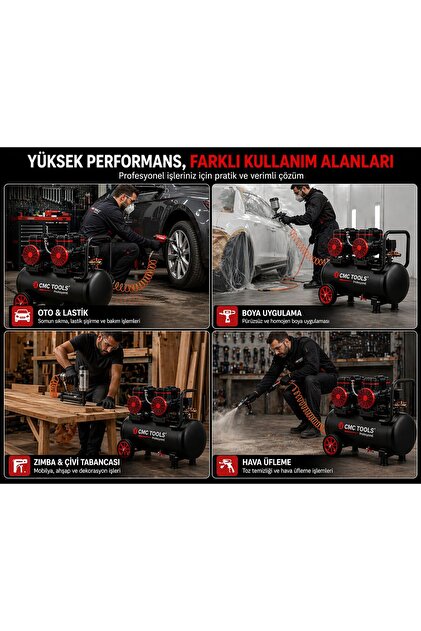 CMC Tools 50 LT Sessiz Yağsız Hava Kompresörü 4 HP 8 Bar Çift