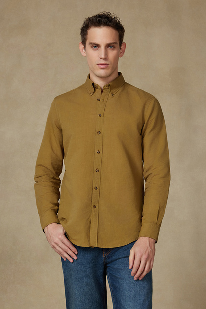 Mario Linen Cotton Blend Comfort Fit Khaki Button-Down Collar Men's Plain Shirt