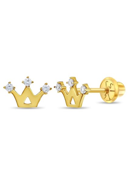 Cercei din aur de 14K pentru copii – Model coroană cu pietre CZ