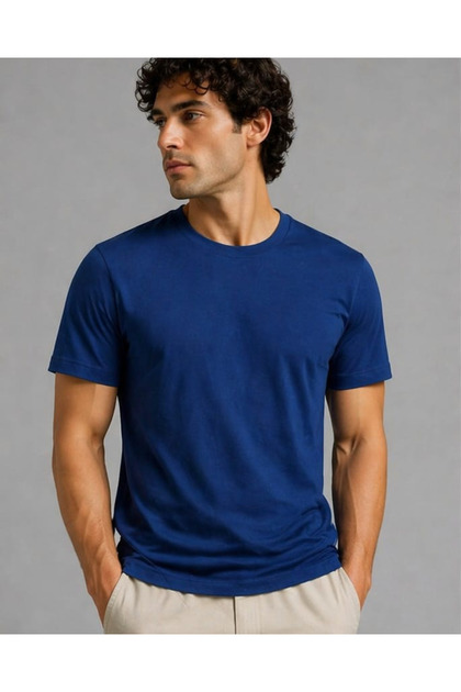 Unisex Men'S/Women's Blue Cotton Crew Neck Basic T-Shirt