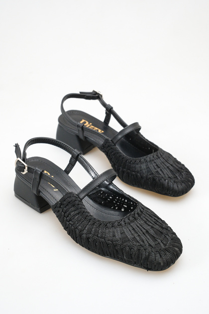 Black Women's Knitted Straw Detailed Mary Jane Heeled Sandals