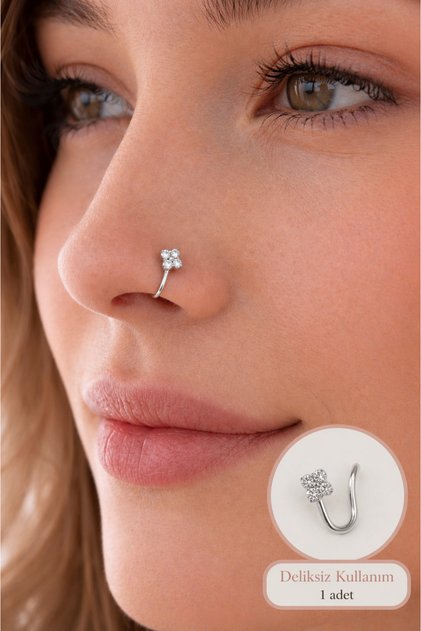 Mini Çiçek Sıkıştırmalı Hızma – Deliksiz Kullanım, Zirkon Taşlı Rodyum Kaplama Piercing & Kıkırdak K