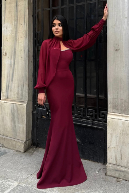Lafaba Women's Burgundy Strapless Cape Stone Detailed Long Formal Dress- Trendyol Lafaba Women's Burgundy Strapless Cape Stone Detailed Long Formal Dress- Trendyol