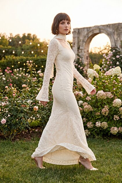 Lafaba Women's Beige Shawl Collar Long Lace Event Dress- Trendyol Lafaba Women's Beige Shawl Collar Long Lace Event Dress- Trendyol