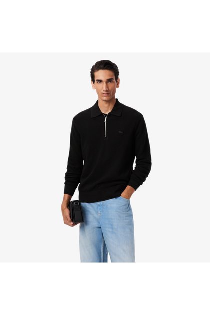 Erkek Classic Fit Yarım Fermuarlı Siyah Yün Karışımlı Kazak