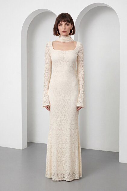 Lafaba Women's Beige Shawl Collar Long Lace Event Dress- Trendyol