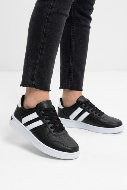 Mavise Black and White Unisex Light Sole Two-Stripe Daily Lace-Up Sports Shoes