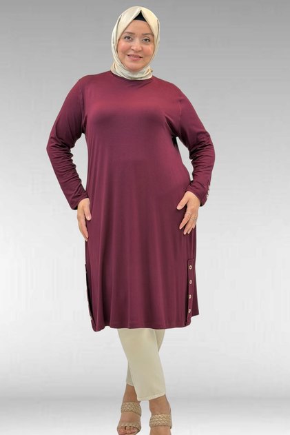 68029 Plus Size Combed Cotton Tunic with Eyelet Detail on the Sides - Burgundy