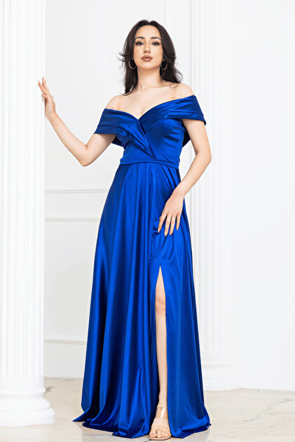 saks blue dress BEYBOS Boat Neck Long Satin Evening - sandro dress beige