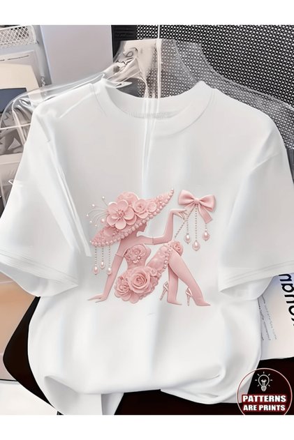 Pink Elegant Women's and Pearl Detail Printed Premium Oversize T-Shirt