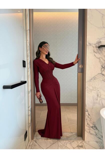 REVE Dark Burgundy Long Dress, Tight-Fitting, with a V-Neck and Soft  Pleats.- Trendyol