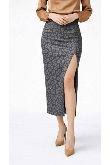 Leopard Patterned Slit Skirt with Elastic Waist in Lycra High Waist Midi Length Skirt