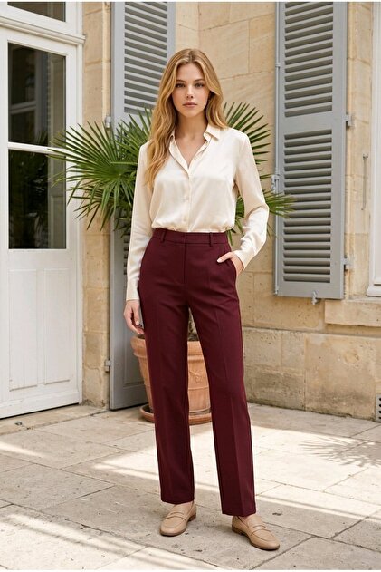 hies Flexible Palazzo Fabric Pants with Button Closure - Burgundy Color- Trendyol hies Flexible Palazzo Fabric Pants with Button Closure - Burgundy Color- Trendyol