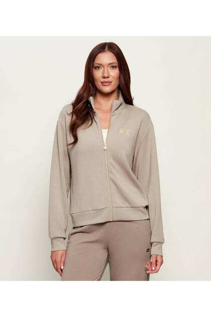 Women's Regular Cut Beige Sweatshirt with Stone Pattern Embroidery on the Back, High Collar and Long Sleeves