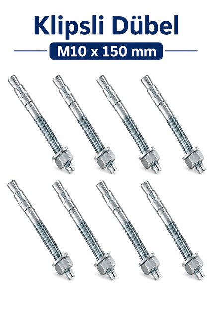 Klipsli Dübel M10x150 mm 8 Adet Set Güçlü Tutuş Beton Tuğla Uyumlu Dayanıklı Çelik Vida