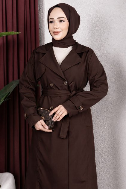Full Length Trench Coat with Belt Detail and Lining - Brown