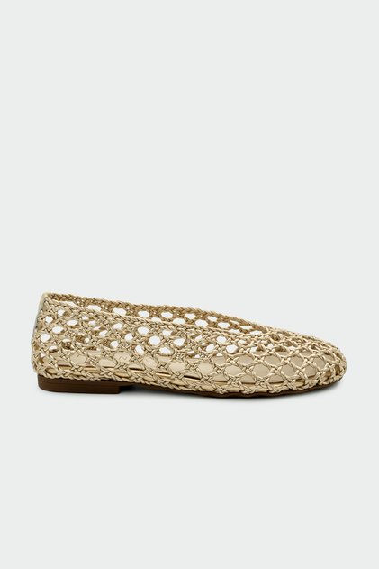 Tayon Knitted Detailed Genuine Leather Women's Gold Flat Ballerinas
