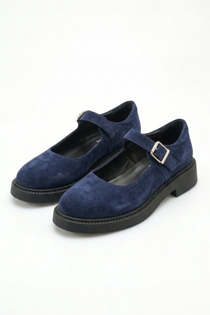 Navy Blue Suede Genuine Leather Women's Strappy Mary Jane Loafer Shoes Real Leather Suede Women's Mary Jane