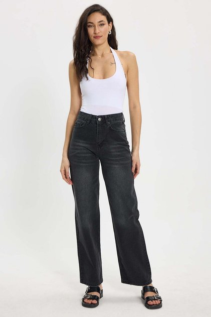 Kadın Relax Fit Rahat Kesim %100 Pamuk Cepli Geniş Paça Siyah Jean Kot Pantolon
