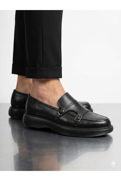 Men's genuine leather black chunky sole classic shoes with buckle detail