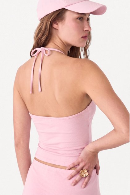 Halter Boyundan Bağlamalı Örme Top %97 Pamuk Bluz - Pembe 2