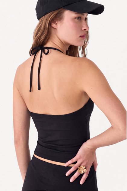 Halter Boyundan Bağlamalı Örme Top %97 Pamuk Bluz - Siyah 3