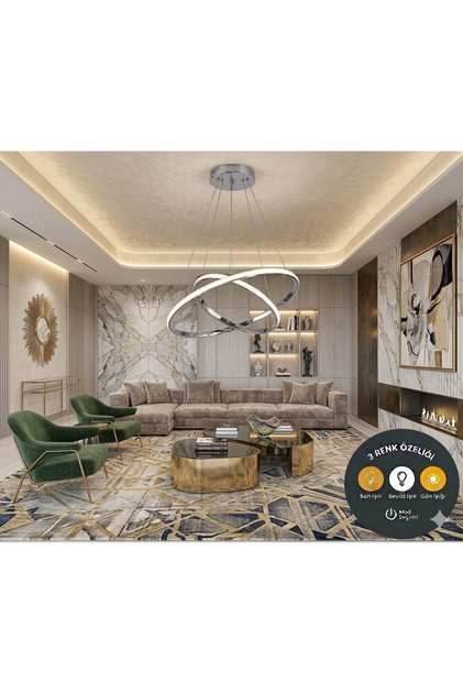 Luxury Krom 2'li Halka LED Sarkıt Avize - 3 Renk Işıklı Modern Salon Mutfak Avizesi