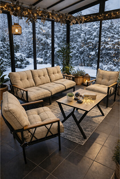 Miray 311 Masalı Fermuarlı Bahçe Balkon Takımı, Salon, Teras- Berjer Düğmeli Metal Çay Seti