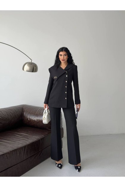 Women's Double-Breasted Blazer Jacket Pants Set Stylish Button Detail Modern Office Formal Suit