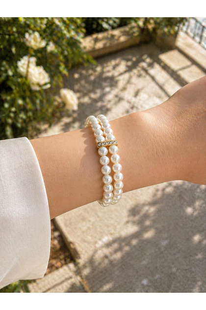 Double Row Pearl-Look Bracelet with Gold Color Detail, Elegant Women's Bracelet, Non-Tarnish Plating