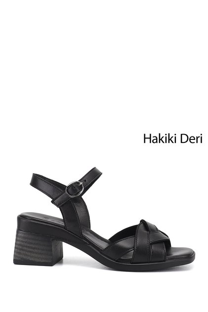 Women's Black Knitted Strap Thick Heeled Genuine Leather Sandals