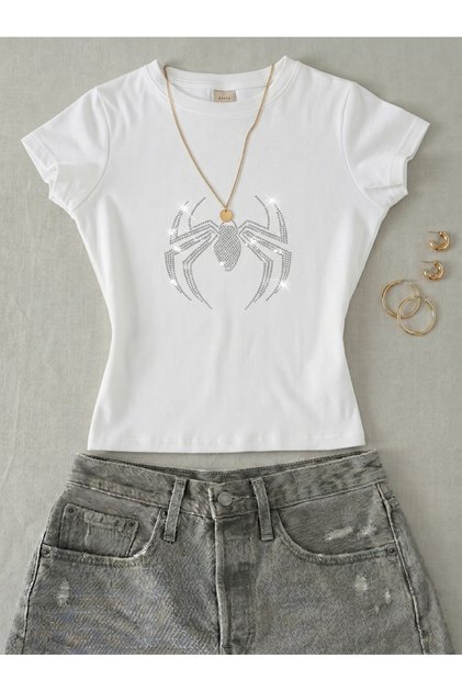 Kadın SpiderYazılı Taş Baskılı - Likralı Kısa Kol Body Tee Crop