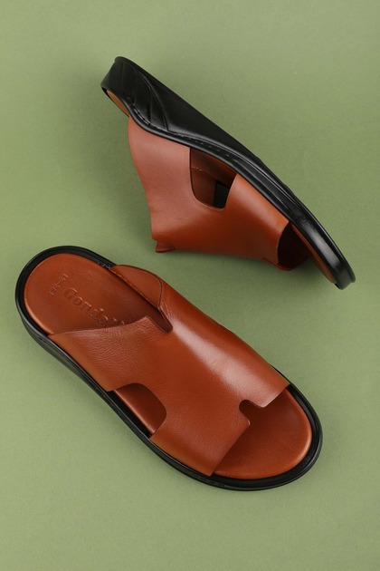Men's Genuine Leather Daily Comfortable Sole Slippers Hkm.184 Tan