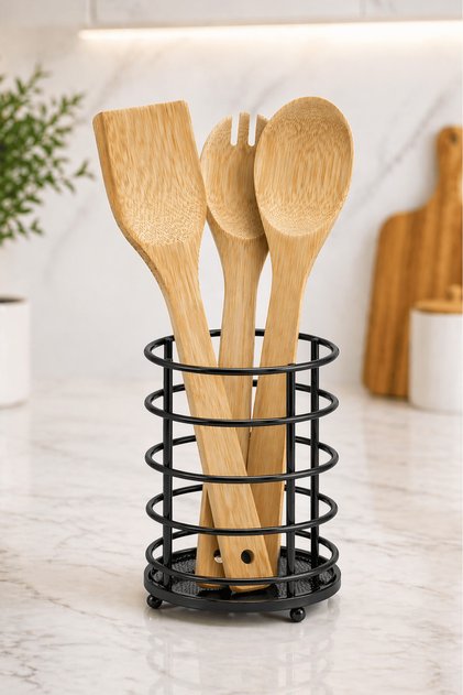 Black Metal Spoon Holder – Countertop Spoon Stand, Kitchen Organizer, Freestanding Spoon Holder