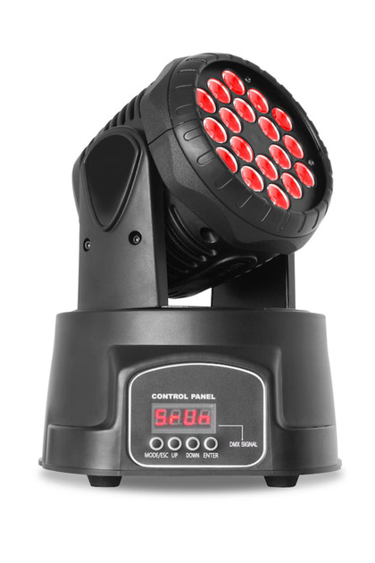 Мини движеща се глава Luxis, 18 LED x 3 W, RGB, DMX, Звуково управление, 540 ° Ротация, DJ ефекти, Строб