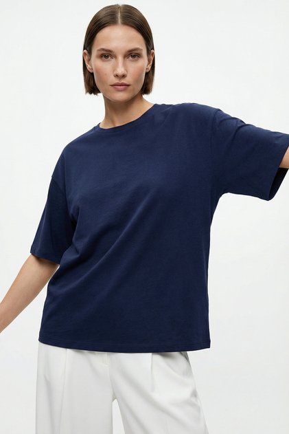 Kadın Lacivert Oversize Bisiklet Yaka Pamuklu Tişört