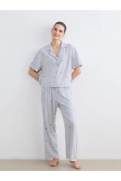 Shirt Collar Patterned Women's Pajama Set (S6)