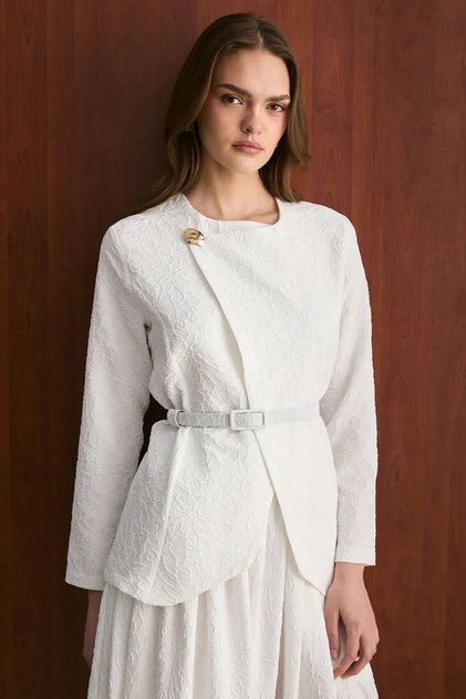 Belted Skirt Suit White 2718