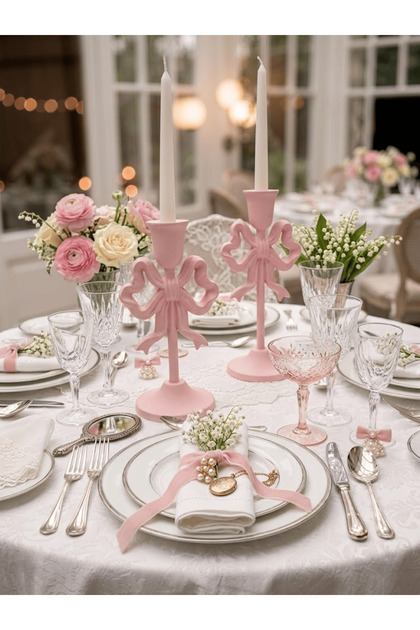 Pembe Kurdele Şamdan | İkili Dekoratif Fiyonk Pinterest Mumluk