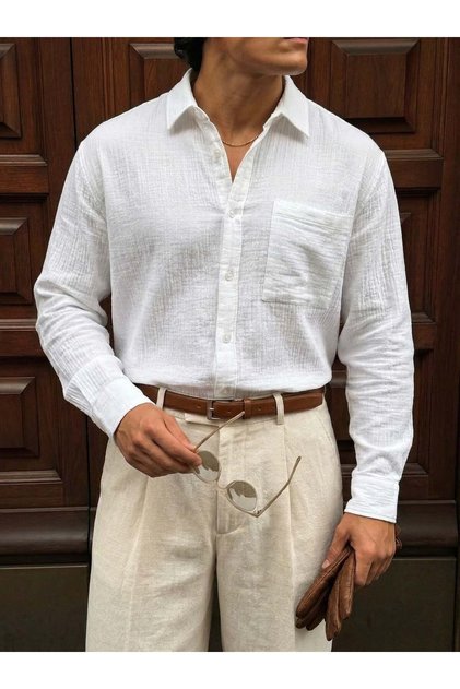 Men's Muslin Shirt 100% Cotton Hakim Italian Collar Buttoned Long Sleeve Loose Fit Shirt Relaxed Fit Summer Shirt