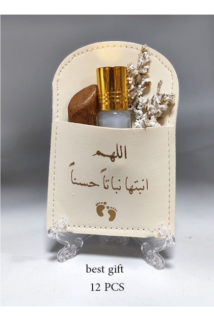 جيوب جلد توزيعات مواليد مسك ابيض مع كسره عود (12 حبة )