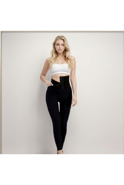 High Waist Corset Leggings with Agraflas - Black Corset Leggings