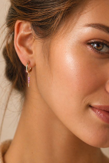 Minimal Rose Gold Carrot Earrings, Detailed with Pink Zircon Stone