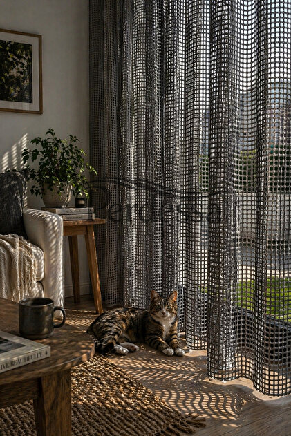 Perdessa Kedi Dostu Antrasit File Tül Seyrek Pile 1/2 Onarılabilir