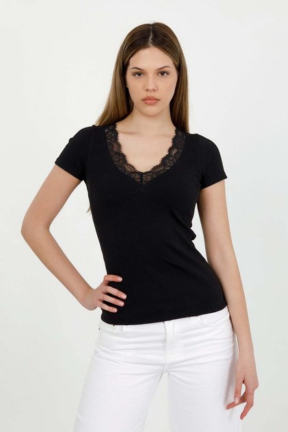 Women's Black V-Neck Ruched Ribbed Camisole Short Sleeve Blouse - H6071