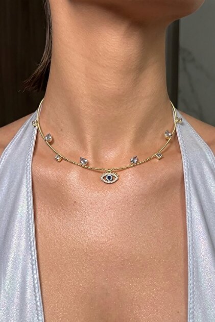 Altın Renk Göz Figürlü Taş Detaylı Choker Kolye