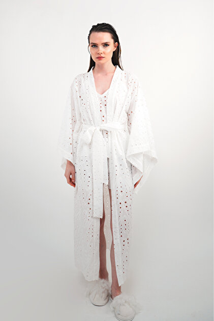 White Linen Bat Sleeve Frilled Kimono