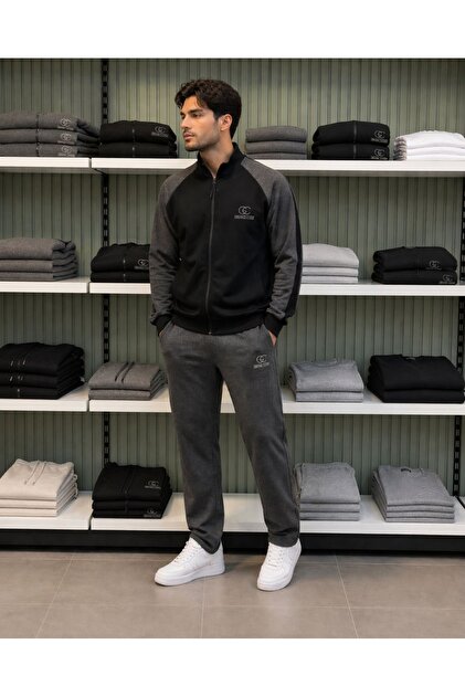 Men's summer/seasonal 2-thread combed cotton wide leg black anthracite tracksuit set